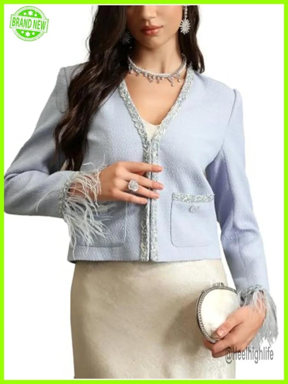 Collarless Tweed Cropped Blazer with Pockets Feather Trim Long Sleeve Dressy